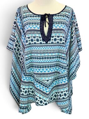 Lane Bryant Women’s Blue Geometric Beaded Keyhole Neck Poncho Top Size 14/16